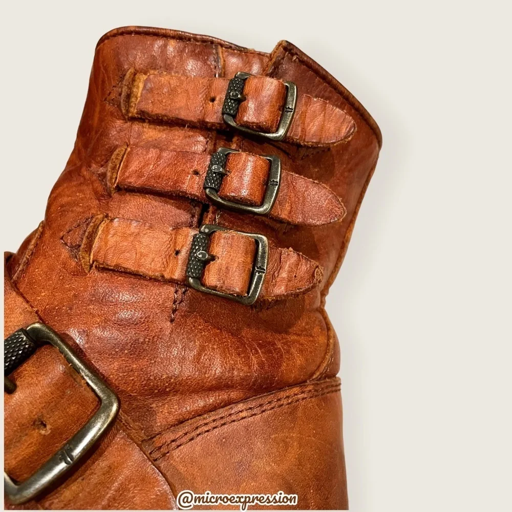 $389 Veronica Short Belted Cognac Leather Fringe Moto Vintage Combat Ankle Boot - Picture 12 of 16